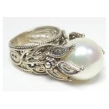 Sterling silver large pearl ring in ornate floral