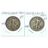 x2 -Walking Liberty half dollars, mixed dates,
