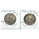 x2- Walking Liberty half dollars, mixed dates,