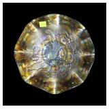 Marigold 9" ruffled edge carnival glass bowl,
