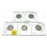 x5- Buffalo nickels, mixed dates -x5 nickels