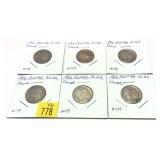 x6- Buffalo nickels, cleaned -x6 nickels -Sold by