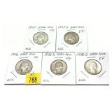 x5- Washington quarters, 90% silver -x5 quarters -