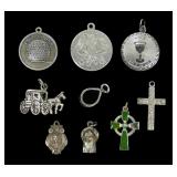 Lot, sterling silver charms, medals, crosses and
