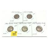 x5- Buffalo nickels, mixed dates -x5 nickels