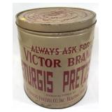 Vintage large pretzel tin marked "Victor Brand