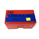 Lot, .243 brass in plastic cartridge case, 50 pcs.