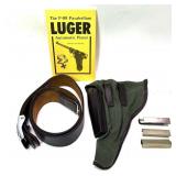 Lot, Luger P08 book, replica leather belt with