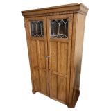 Oak Computer Armoire/Desk, Lighted w/Leaded
