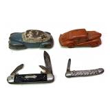 Lot: 2 Vintage toy cars ad 2 Folding knives