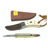 Lot: Damascus blade knife with leather sheath,