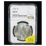 1922 Peace dollar, NGC slab certified MS-63