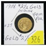 1908 $2.50 Gold Indian Head Quarter Eagle, BU