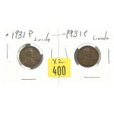 x2- 1931 Lincoln cents, -x2 cents, Sold by the