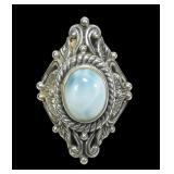 Sterling silver bezel set larimar ring with ornate