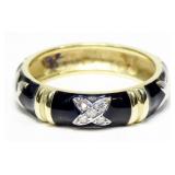 14K Yellow gold band ring with black enamel,