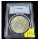 1922 Peace dollar, PCGS slab certified MS-64