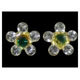 14K Yellow gold green and white flower post