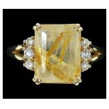 14K Yellow gold emerald cut rutilated quartz ring