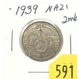 1939 German 2 marks, silver