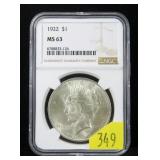 1922 Peace dollar, NGC slab certified MS-63