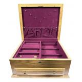 Large oak jewelry chest with key, 17" x 14.5" x