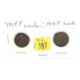 x2- 1914 Lincoln cents, -x2 cents, Sold by the