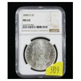 1890-S Morgan dollar, NGC slab certified MS-62