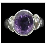 Sterling silver oval cut bezel set amethyst ring,