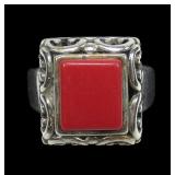 Sterling silver bezel set red coral ring, size 7,
