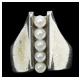 Sterling silver modernist design pearl ring,