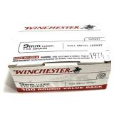 Box of 9mm 115-grain FMJ Winchester cartridges,