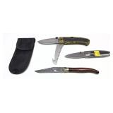 Lot: 3 Assorted Folding knives one with sheath