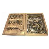 Lot, vintage brass/cartridge display in wooden box