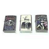 Lot: 3 John Wayne Lighters, 2- Zippo and 1 Victor