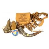 Lot: 2 Powder Horns and leather black powder bag