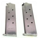 Lot, 2 Colt .45 Auto 8-round nickel magazines