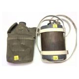Lot: 2 canteens, 1 wooden with leather