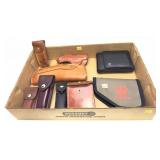 Lot, assorted leather holsters, knife sheath,