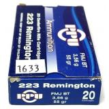 Box of .223 REM 55-grain FMJ BT PPU cartridges,