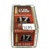 Box of .17 HMR V-Max Hornady cartridges,