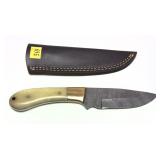 Custom Damascus blade hunting knife with leather