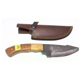 Custom Damascus blade hunting knife with leather