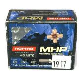 Box of .45 Auto 175-grain Norma MHP cartridges,