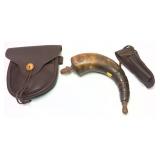 Lot: 10" Powder Horn w/ 2 leather Black Power Bags