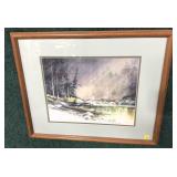 Framed Watercolor Print, Fly Fishing scene.