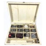 Lot: Wooden reel box with 8 assorted vintage