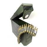 Metal ammo can with 30 cal blank linked cartridges