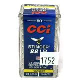 Box of CCI .22 LR Stinger HP cartridges, 50 rounds
