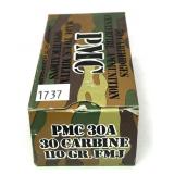 Box of .30 Carbine 110-grain FMJ PMC cartridges,